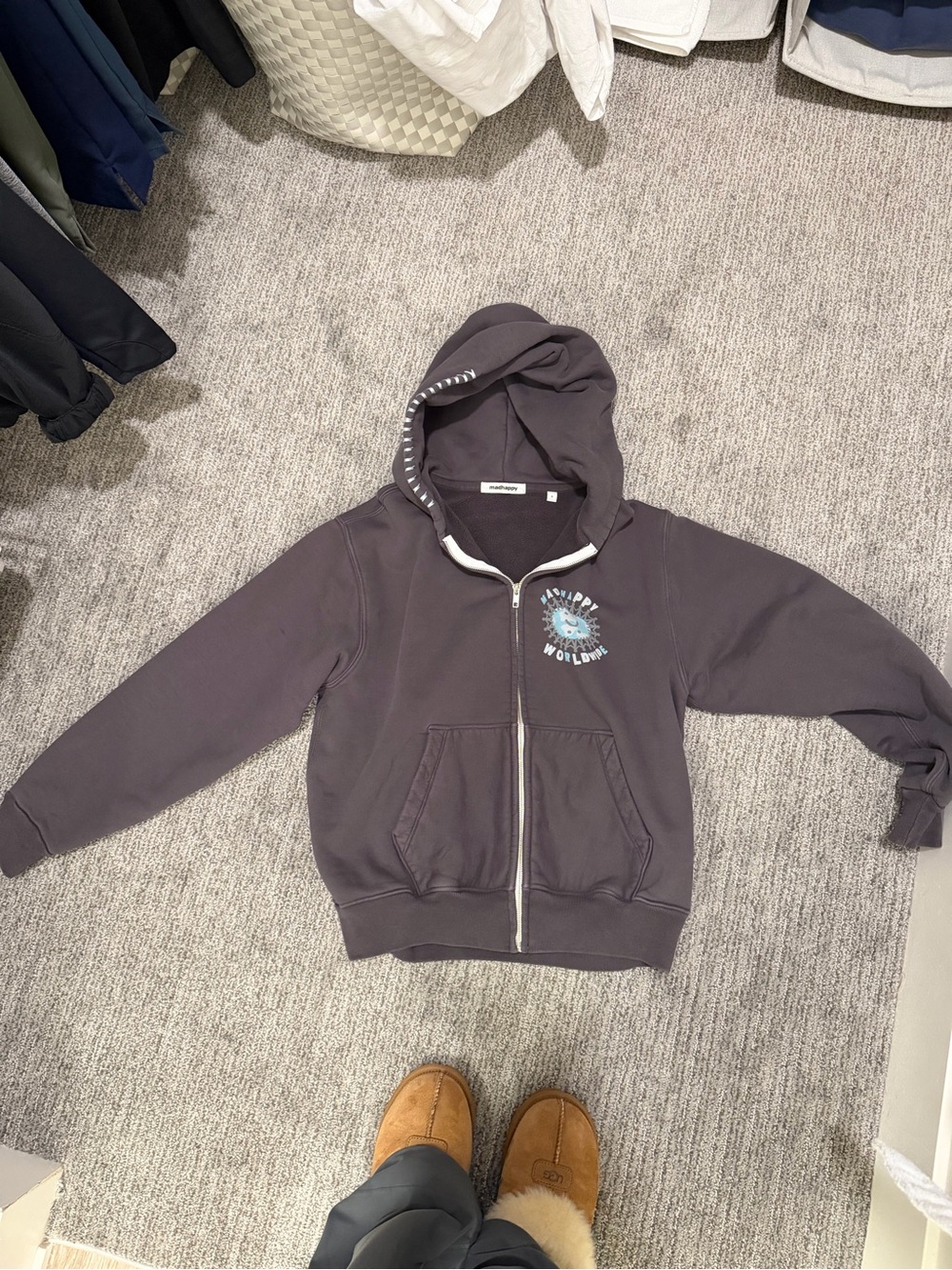 Madhappy Charcoal Zip-Up Hoodie with Blue Graphic